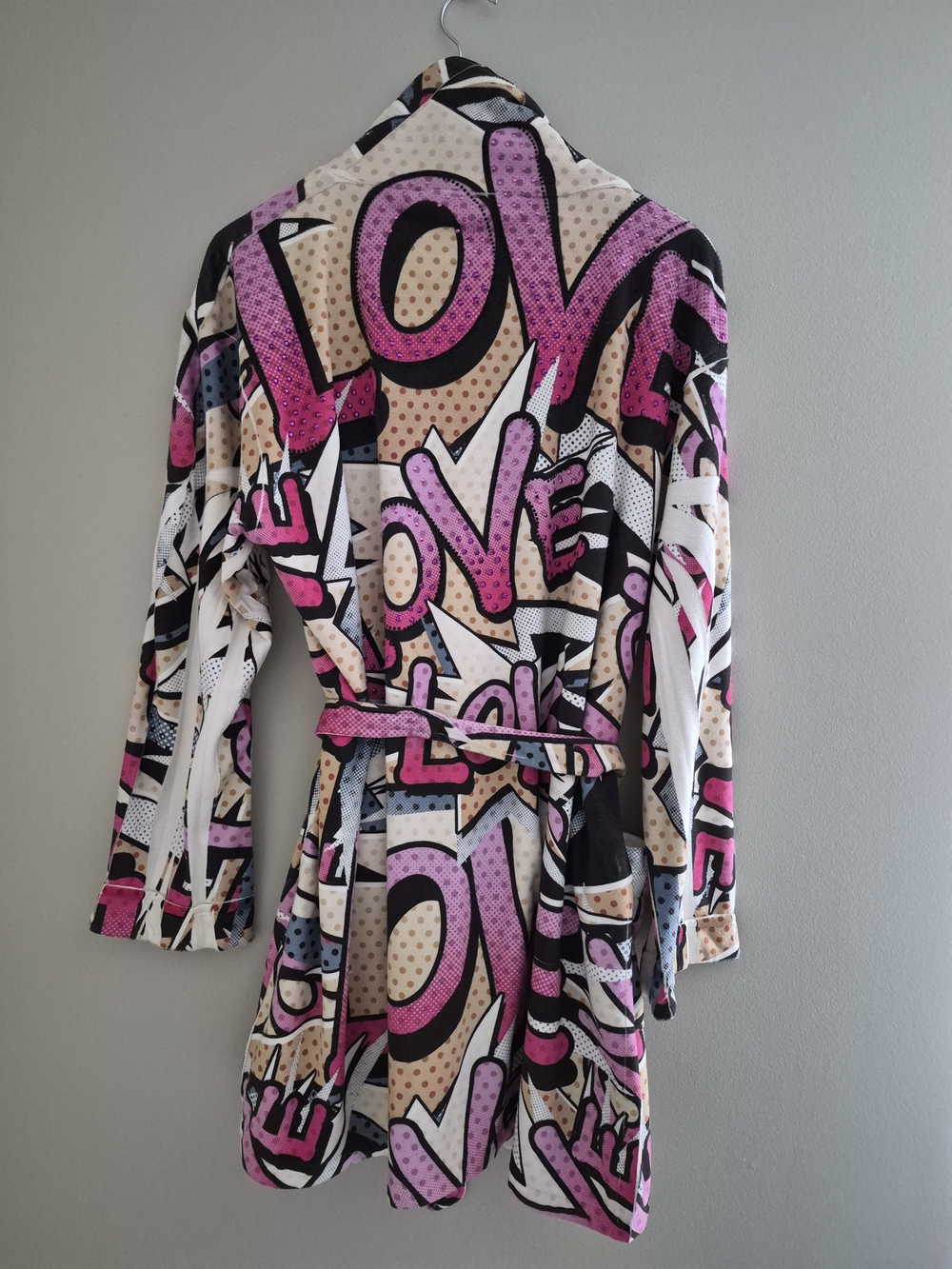 Y2K LOVE Print Plush Wrap Robe w/ Ribbon Sleeve Details USA